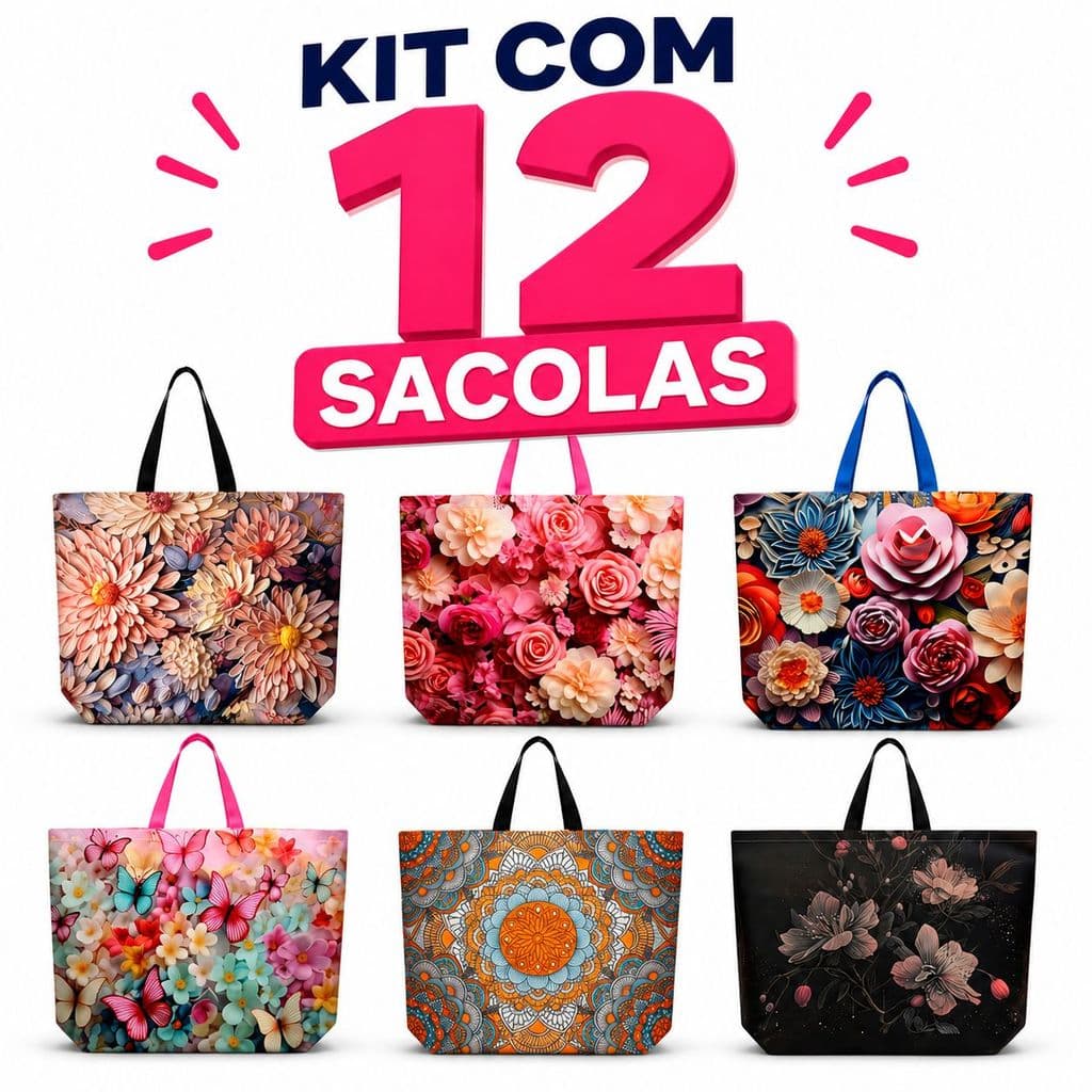 Kit com 12 Bolsa Sacolas Femininas Estampadas Reutilizável Ecobag Bolsa de Ombro Presente