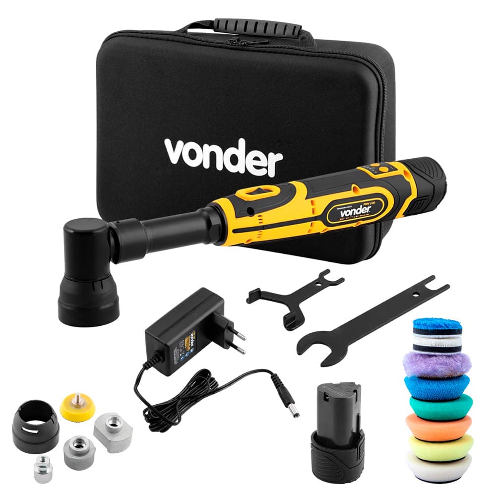 Mini Politriz Roto Orbital a Bateria 12V + 2 Baterias 12V 2Ah + Carregador + Maleta + Acessórios Vonder PMV 120