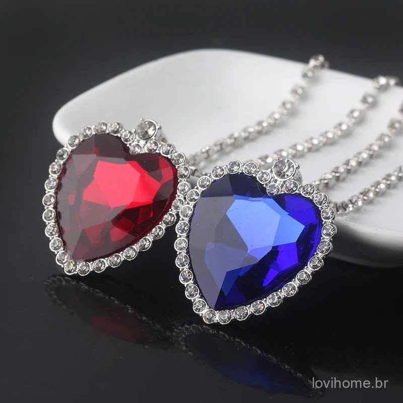 Colar Coração do Oceano Titanic para Mulheres, Joia de Casamento, Presente com Pingentes de Cristal Vermelho e Azul e Co