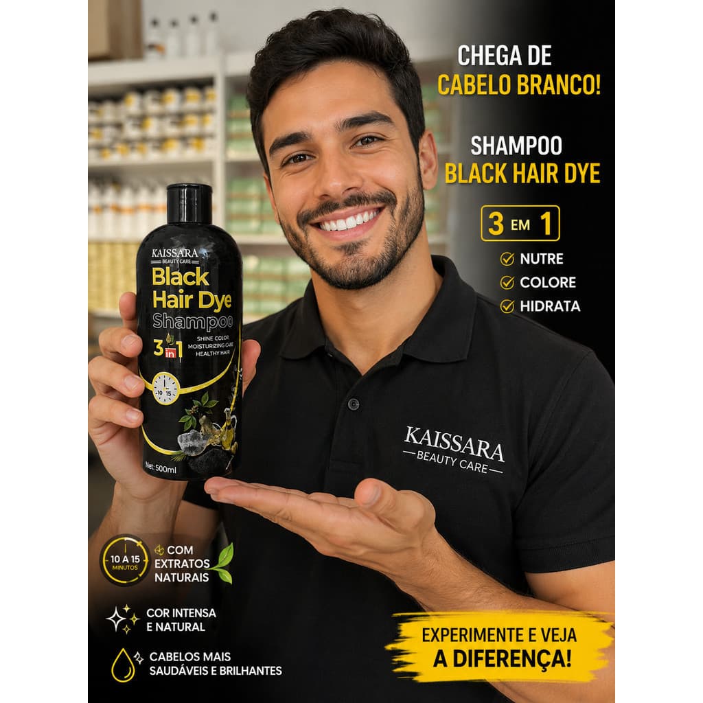 Shampoo Black Hair Dye 3 em 1 Cobre Fios Brancos Nutre e Hidrata os Cabelos