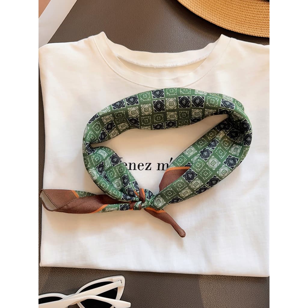 Retro geométrico verde algodão linho pequeno lenço quadrado gravata cintura decoração lenço de seda feminino primavera v