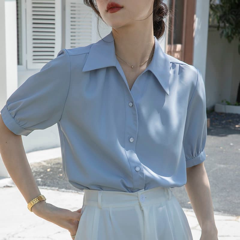 Camisa de manga curta de Chiffon azul feminina verão com decote em V camisa temperamento profissional roupa Formal entre