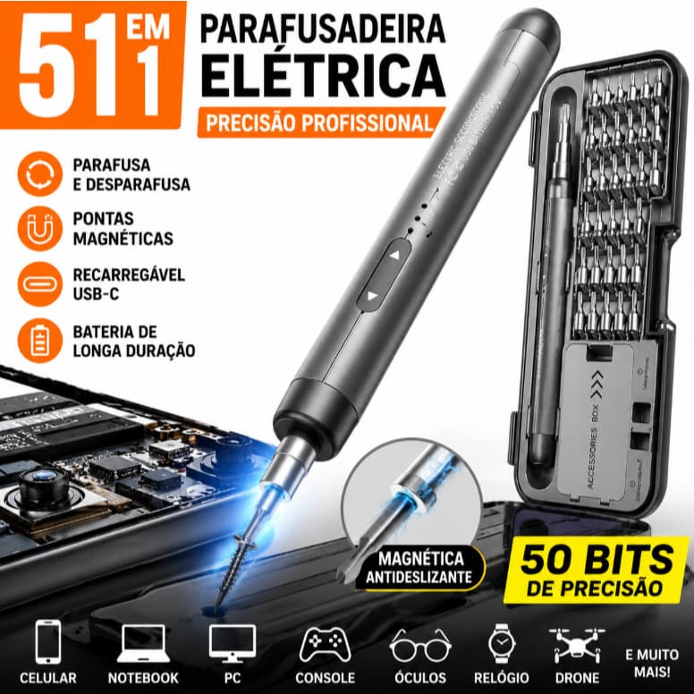 Parafusadeira Elétrica de Precisão 51 em1 Recarregável Kit Profissional pra Celular Notebook PC Relógio Eletrônico MT342