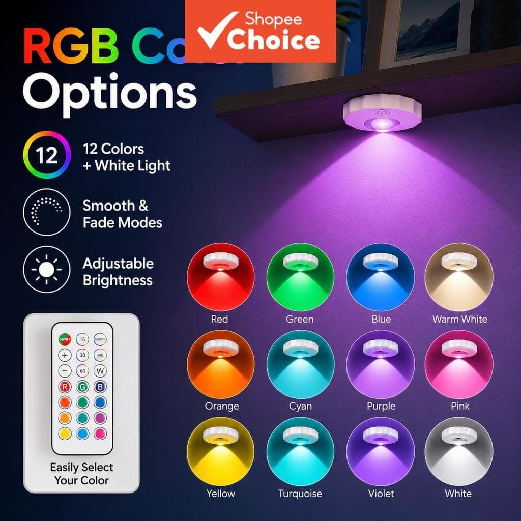Luz de Destaque LED RGB Recarregável com Ímã e Controle Remoto, 12 Níveis de Dimerização para Armário, Quarto, Closet e