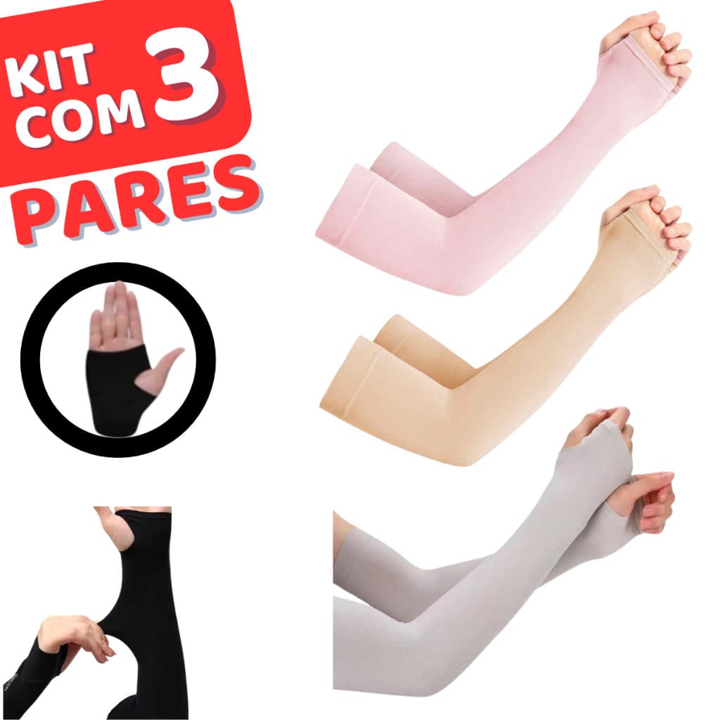 3 Pares Manguito Proteção Solar UV Fina Braço Seda Masculina Feminina Respirável 40cm Unissex