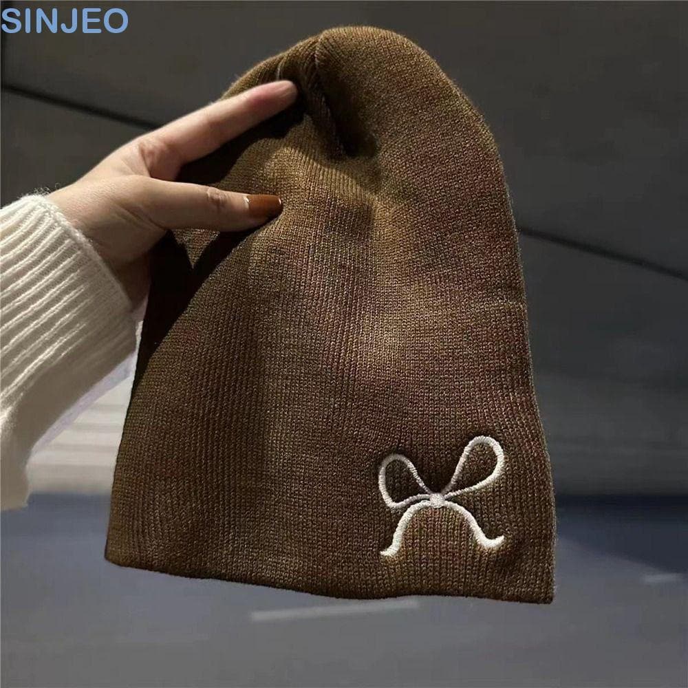 SINJEO Chapéu De Malha Com Laço Bordado , Boné Quente , Gorros De Lã Fofos Coreanos De Cor Sólida Inverno
