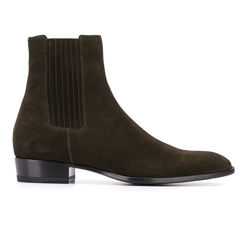 Chelsea botas masculinas de couro genuíno britânico botas pontiagudas chelsea bota cáqui tira de couro elástico na moda