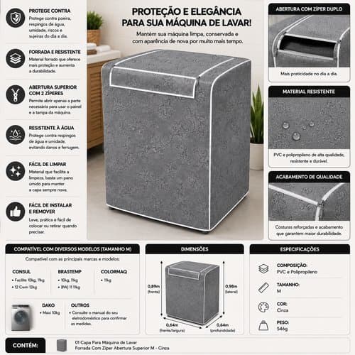 Capa Resistente Protecao Poeira Design Pratico Maquina Lavar Abertura Superior Cinza M