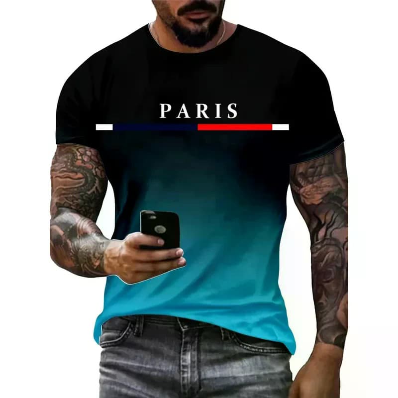 Camiseta Masculina De Verão Com Estampa 3D Letras Gradientes De Paris , top De Manga Curta De Secagem Rápida Para Esport