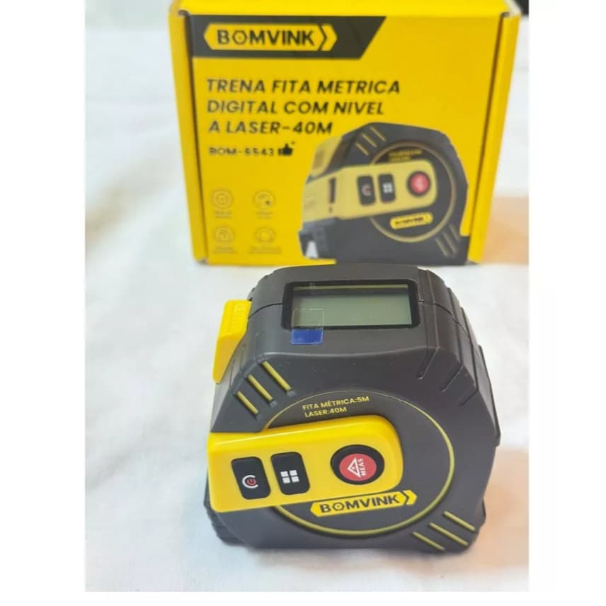 Trena Digital 3 em 1 a Laser 40m BOMVINK com Fita 5m, Nível e Recarga USB