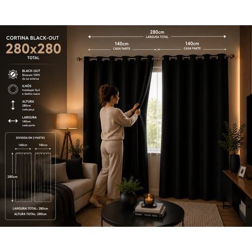 Cortina Blackout Ilhos Bloqueio Luz Total Isolamento Termico Privacidade Preto 280x280cm