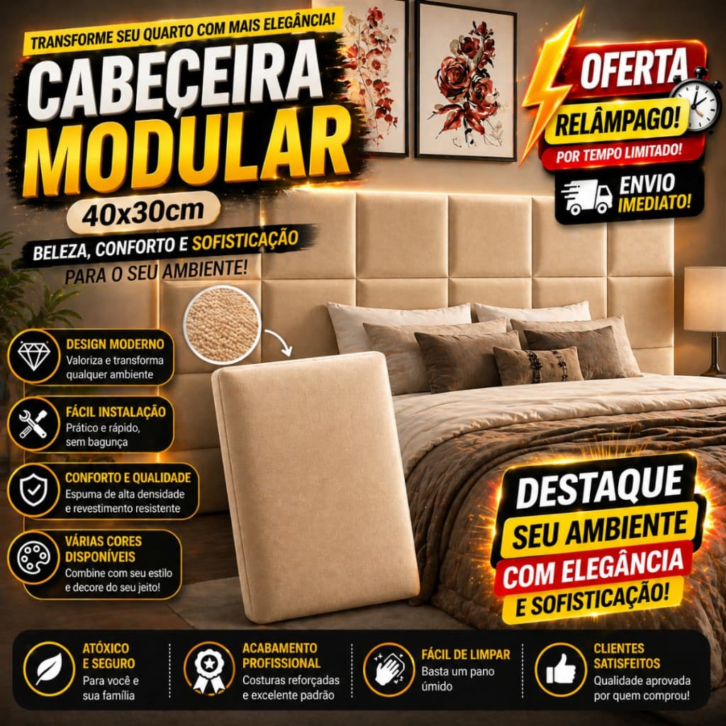 kit de Cabeceiras Modular 40x30 Auto Colante em Modulos, Cama Box Solteiro, Casa, Queem, King