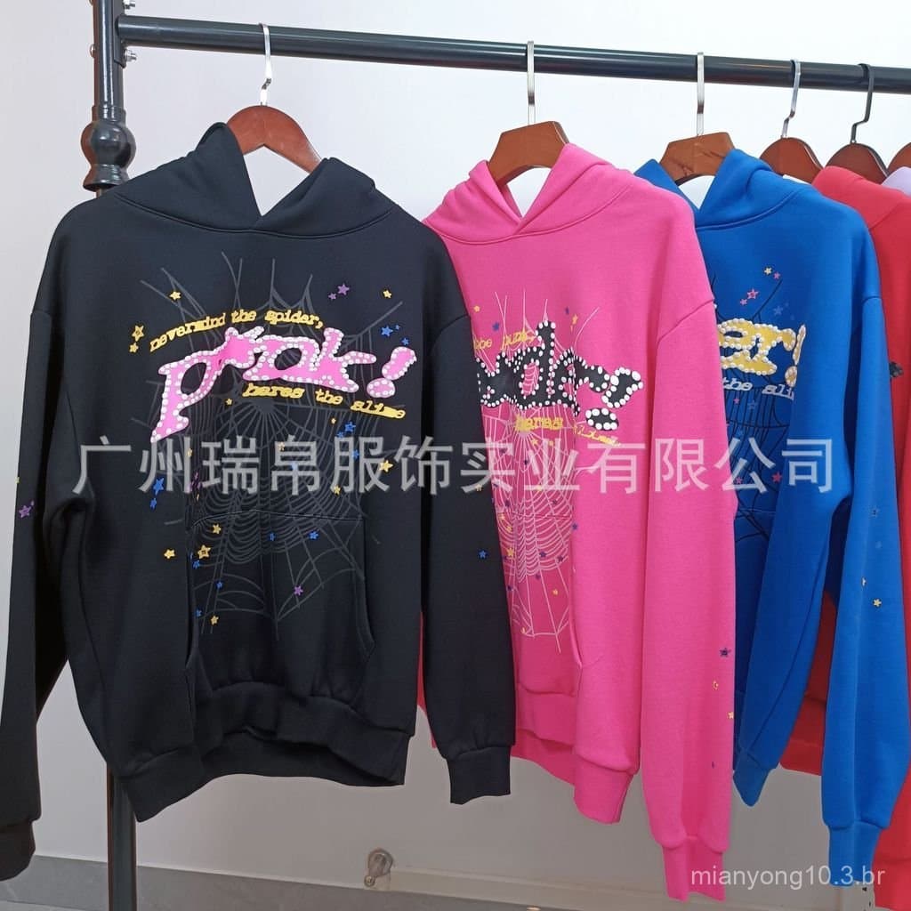 2026 Novo estilo transfronteiriço de alta qualidade Real Shot Sp5der Europeu Americano Street Web Fleece Moletom com cap