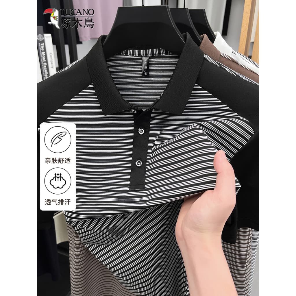 Woodpecker camisa POLO de lapela de manga curta masculina Casual respirável seda gelo 2026 verão novo estilo cor-bloquea