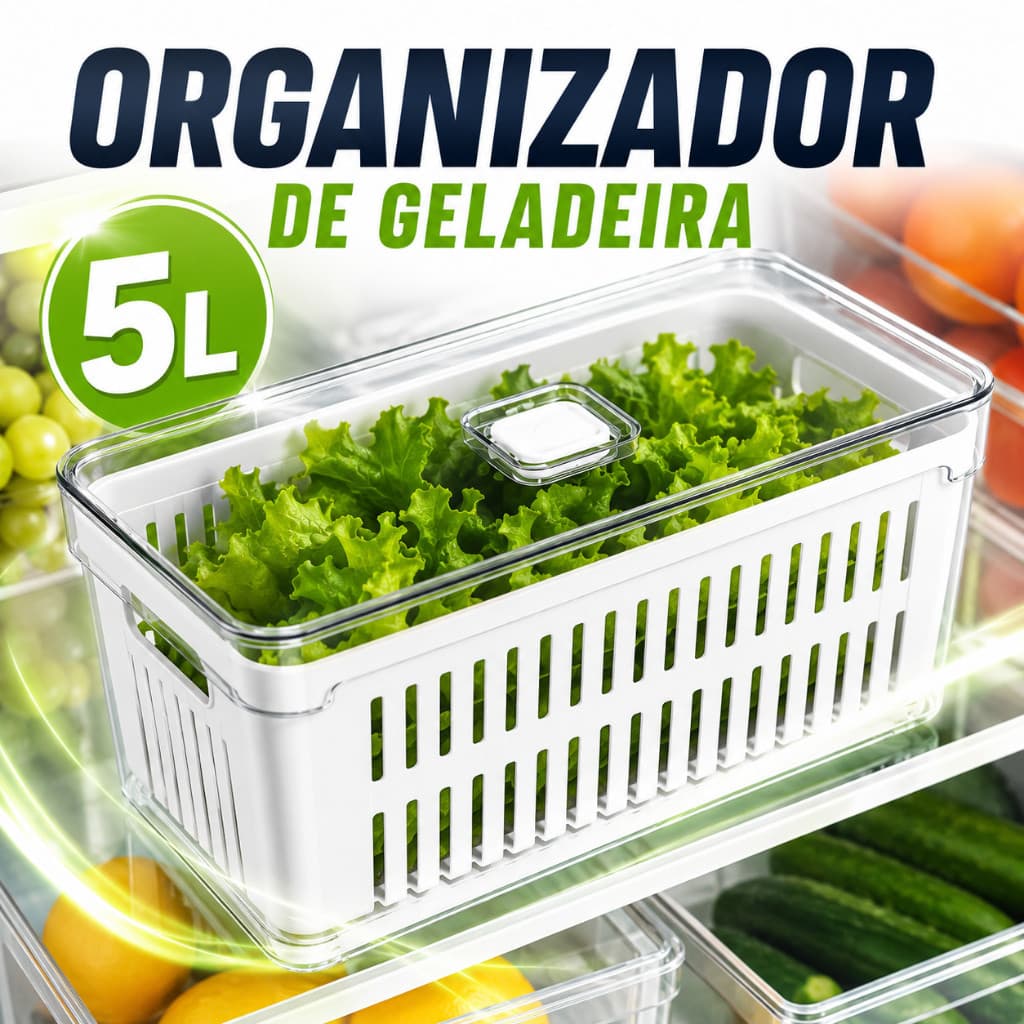 Organizador de Geladeira 5L com Cesto De Drenagem Tampa Clear Fresh Acrílico Frutas Legumes Vegetais