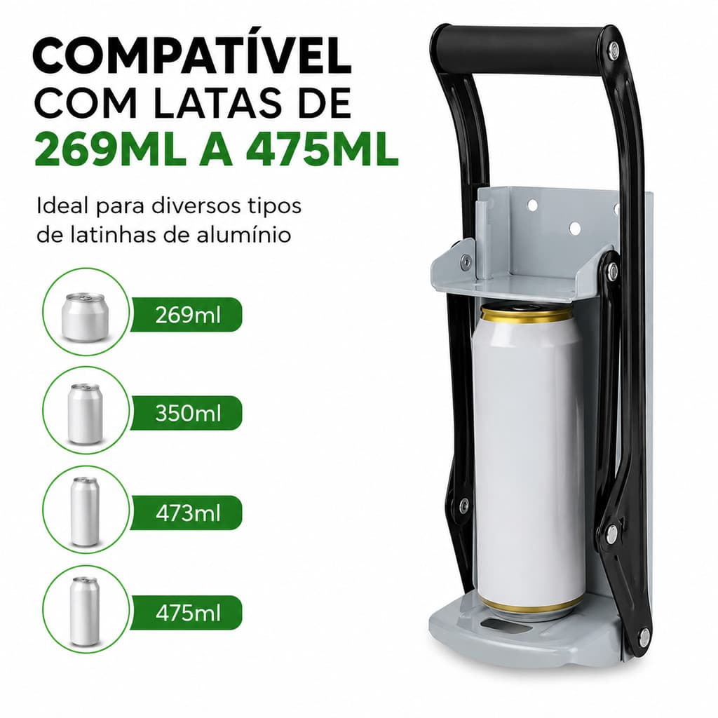 Prensador de Latas Manual Parede Aço com Abridor Garrafas Reciclagem Churrasqueira Cozinha 475ml