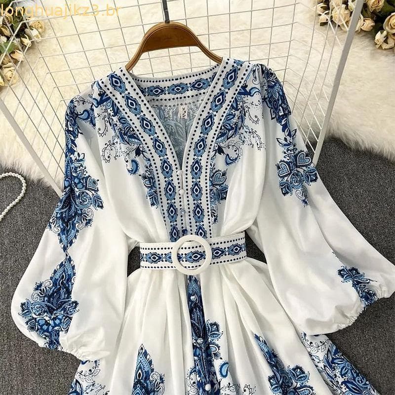 (Trendy)  Vestido Boho Vestido Geométrico Com Estampa Tribal Para Mulheres LNL60113