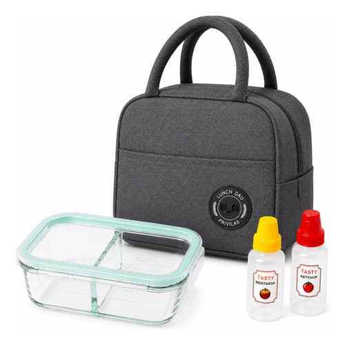 Kit Marmita Vidro 1040ml Bolsa Termica Brinde Mini Bisnagas Cinza-escuro