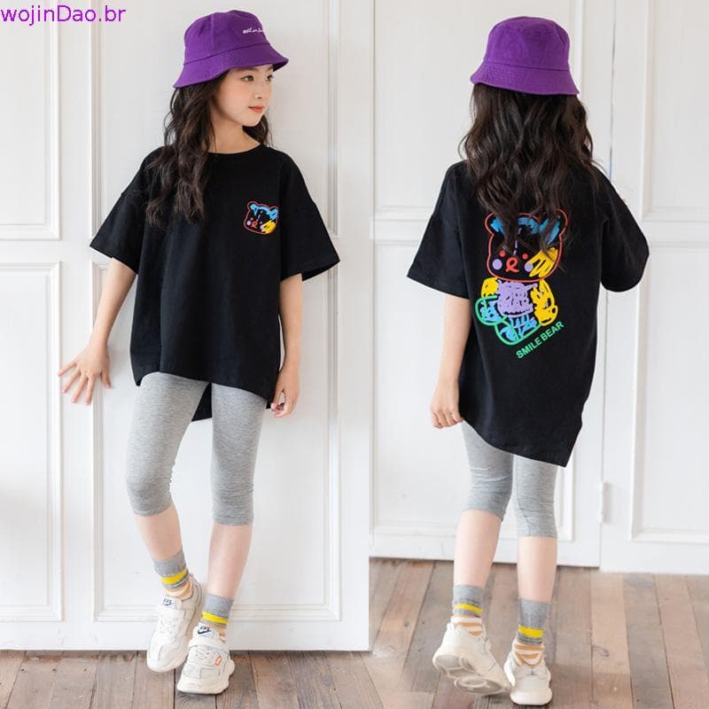 Conjunto de menina 2022 verão versão coreana de roupas infantis dos desenhos animados esporte casual t-shirt de manga cu
