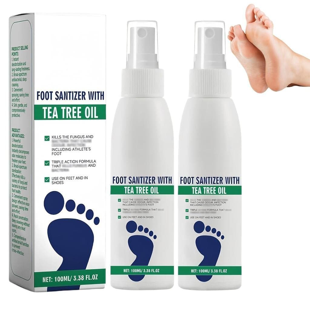 Spray desinfetante para os pés contendo óleo de melaleuca, usado para desinfetar pés e unhas.