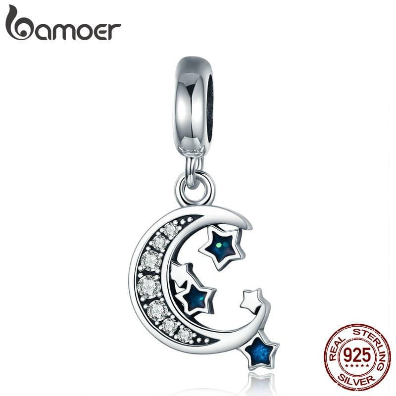 Bamoer Pingente de Prata Esterlina 925 com Zircônia Transparente, Lua e Estrelas Brilhantes, Joia Exquisita para Pulseir