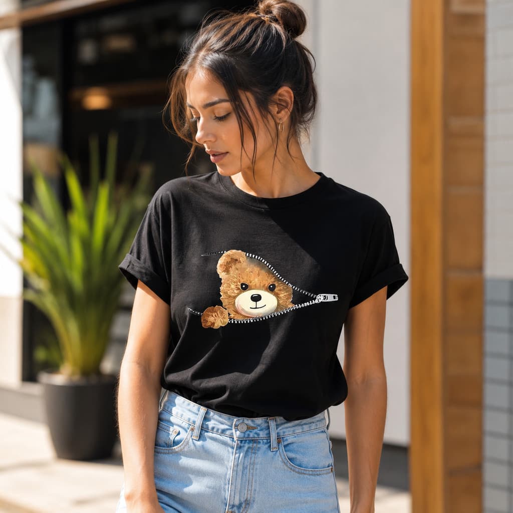 Camiseta 100% Algodão Premium Urso Ziper Streetwear Feminina Tshirt Estampa
