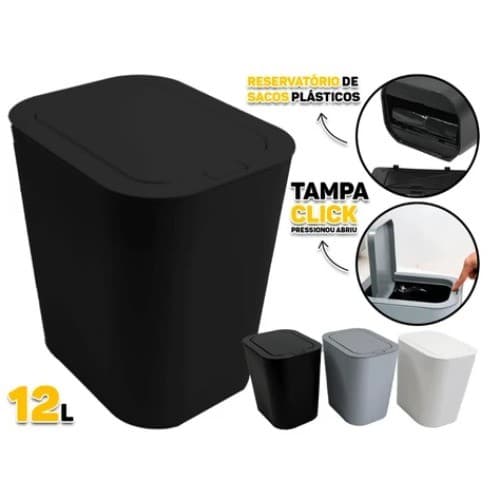 Lixeira 12 Litros Tampa Click Abre Automática De Sacos De Lixo  Banheiro Lavabo Escritório