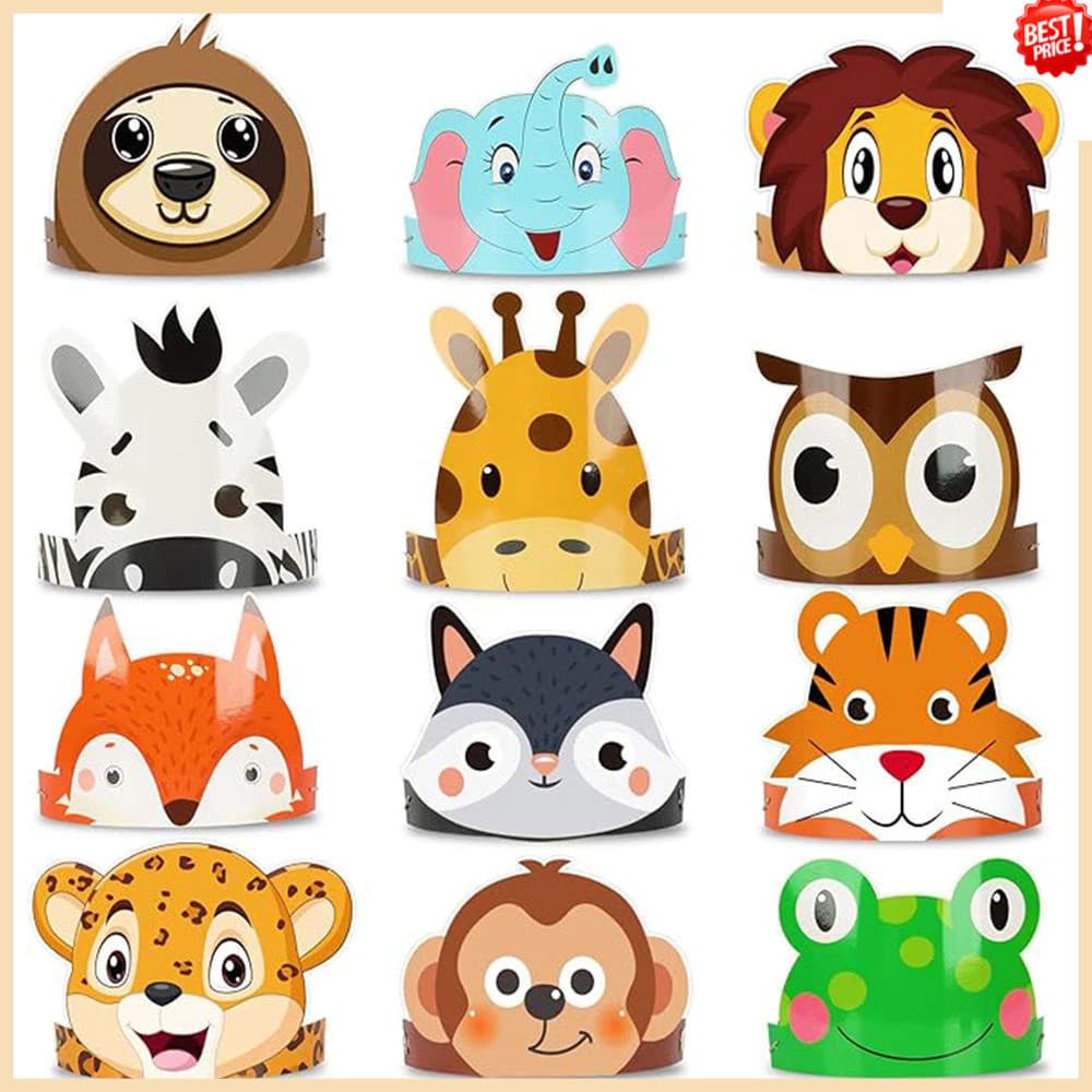 Máscaras de animais selvagens infantis, empresa de decoração para festas de aniversário com tema de zoológico na selva.