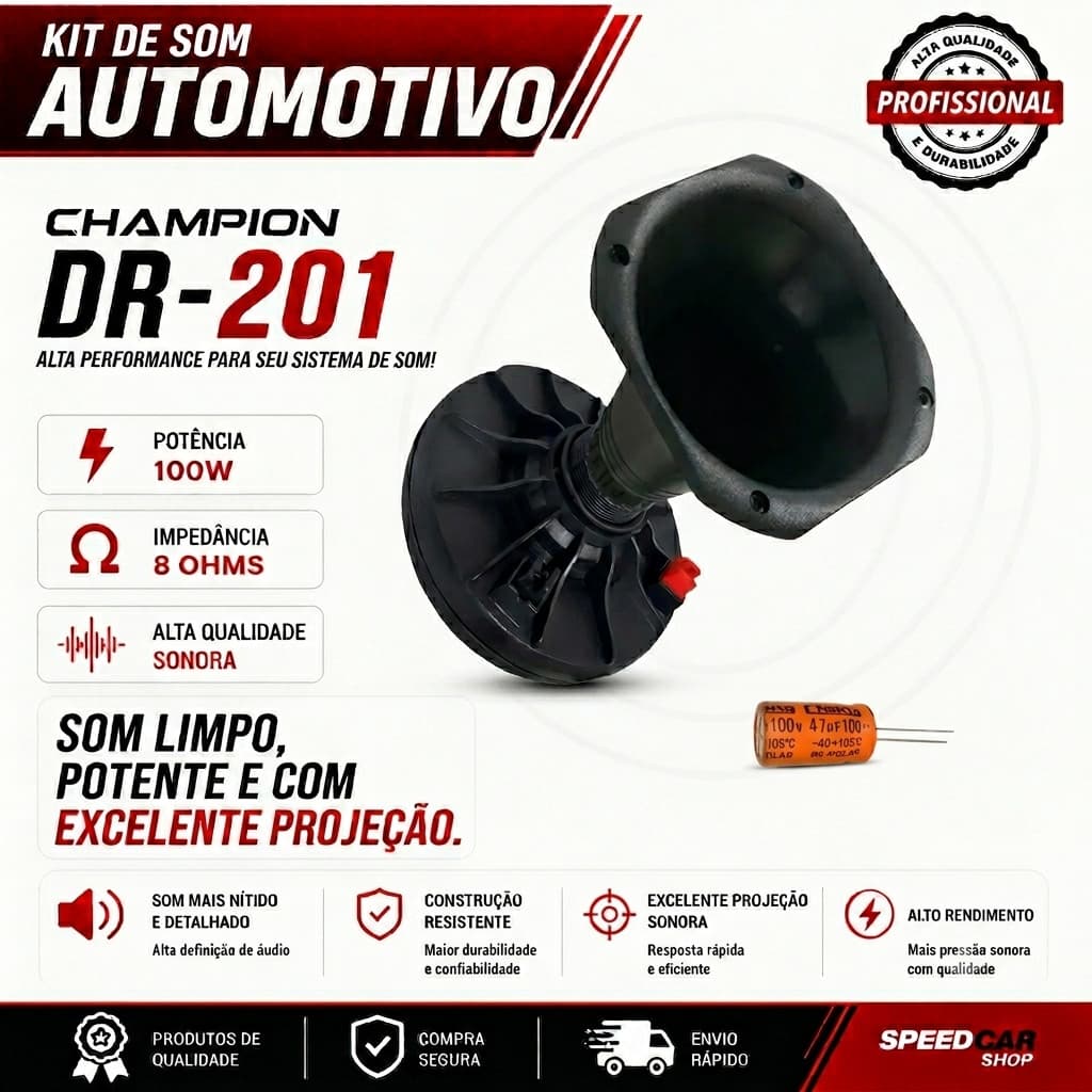 Kit Som Automotivo Com 1 Driver Musicall 100W 1 Corneta Curta e 1 Capacitor Caixa de Som Caixa Bob
