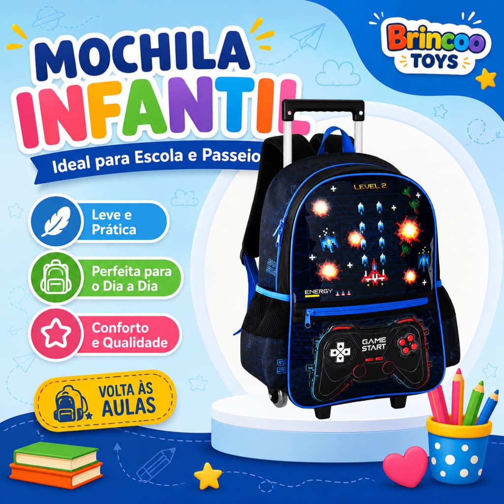Mochila Escolar de Rodinha Game Start com Luzes Clio com ou Sem Rodinhas