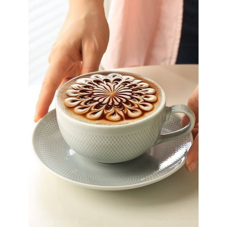 Europeu Retro em relevo cerâmica xícara de café boca larga textura caneca escritório xícara de chá com pires