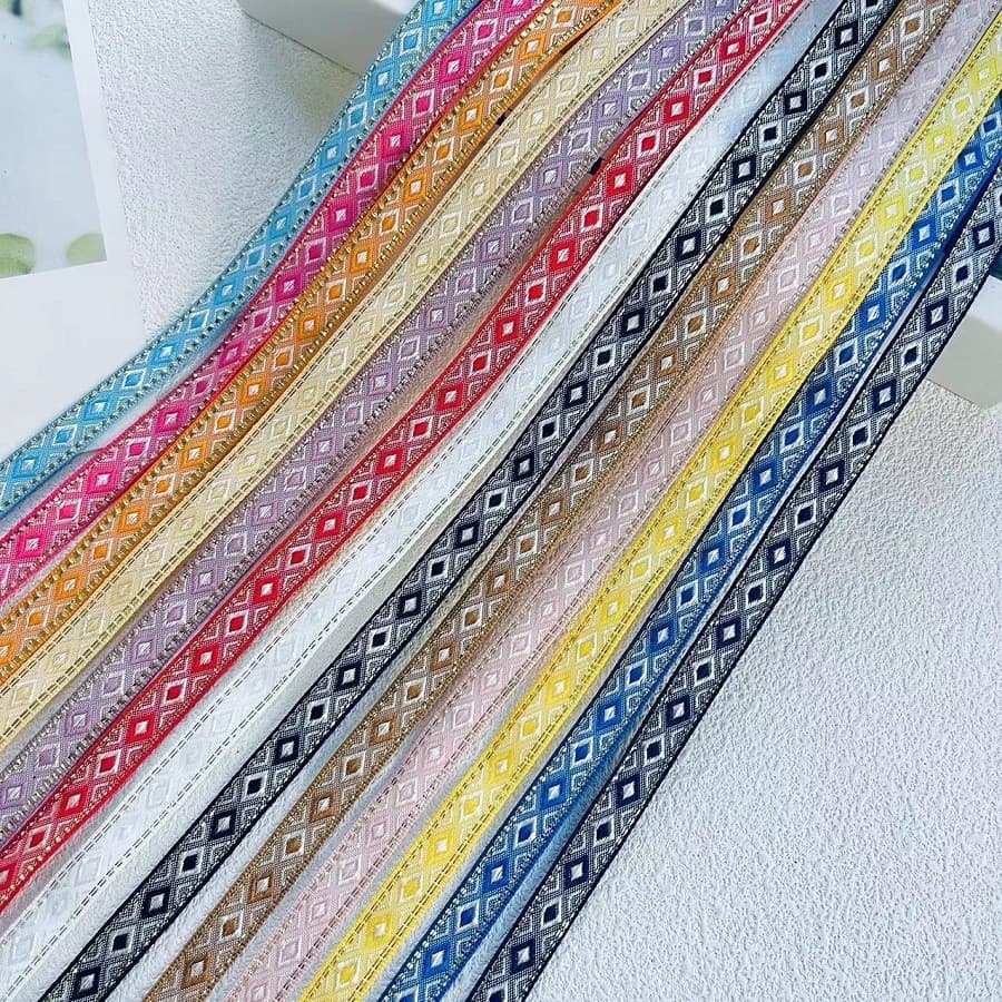 2025 étnico Jacquard Webbing estilo nacional fresco quadrilátero quadrado acessórios de roupas largura 1.2cm G3E1