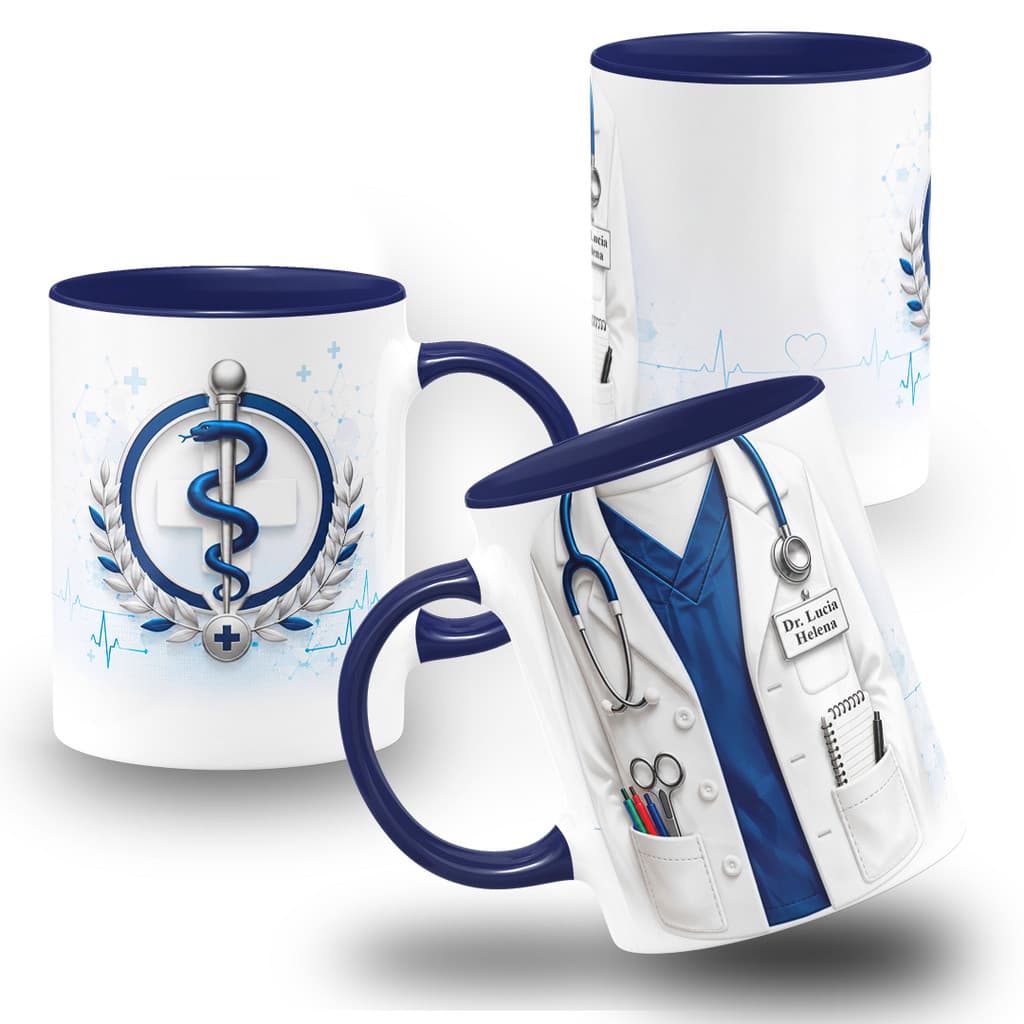 Caneca Medicina - Jaleco e Estetoscópio | Caneca Doutor/Doutora - Personalizada; Com Nome