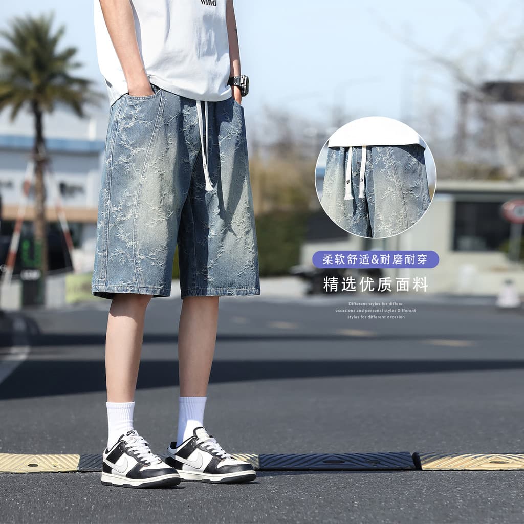 Moda Street Wear Jacquard Denim Shorts Masculino 2026 Novo Estilo Americano Casual Calças Médias Homens Verão Estilo Fin