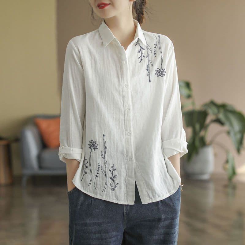2024 primavera novo estilo algodão linho topo simples arte senhoras camisa de manga comprida solta All-Match flor camisa