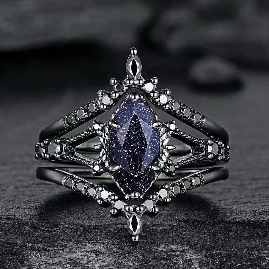 Anel oval preto elegante, incrustado com pedras preciosas roxas, adequado para mulheres usarem em festas de moda, casame