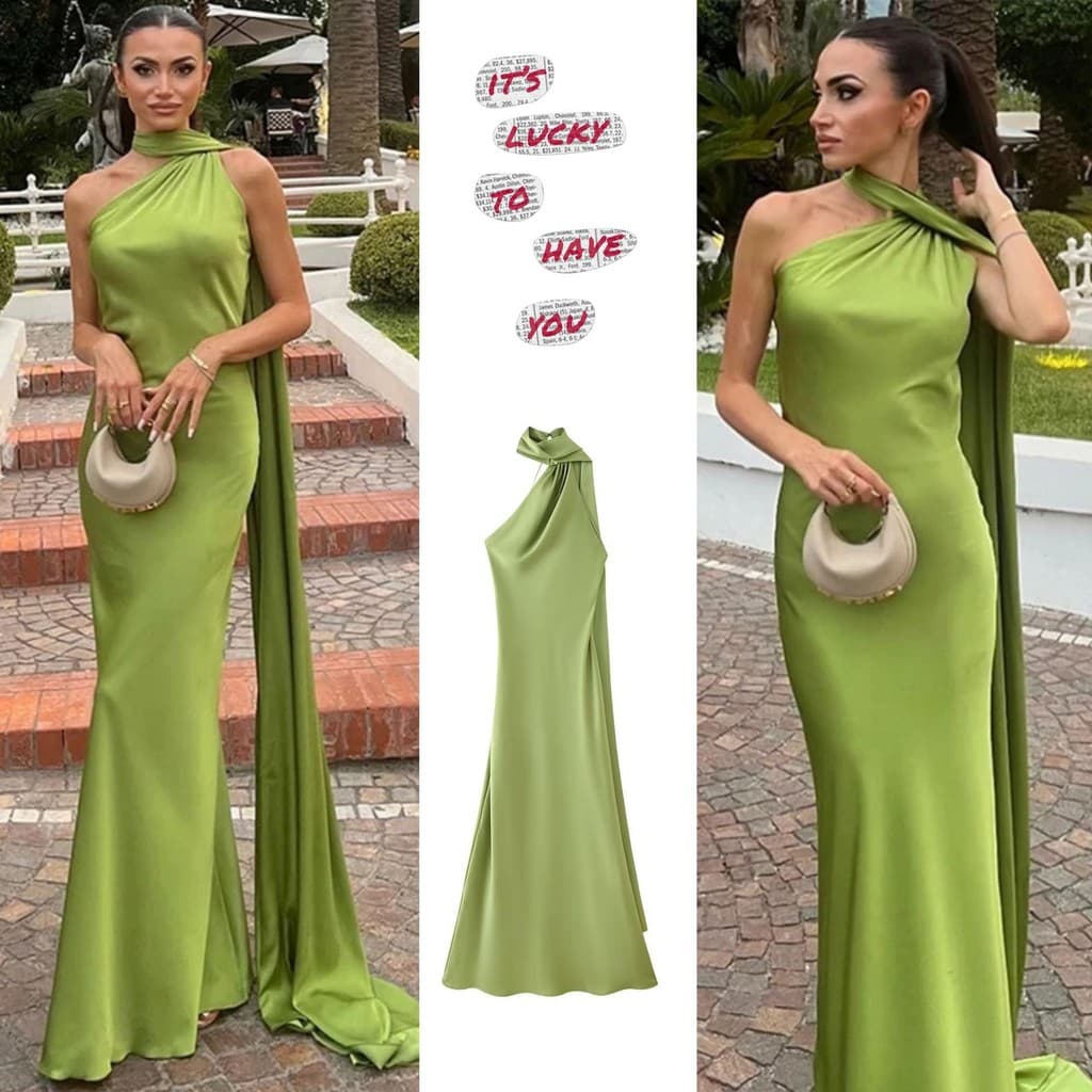 Estilo europeu americano feminino saia longa temperamento luz maduro sem costas Streamer vestido Halterneck