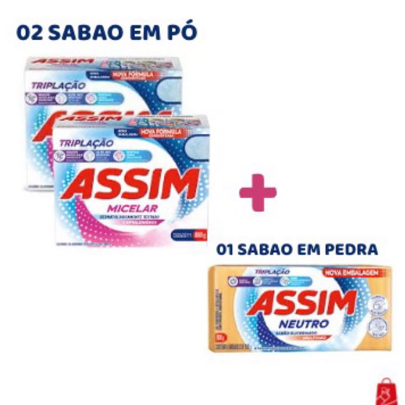 SABÃO EM PÓ LAVA ROUPA ASSIM MICELAR KIT 02 + SABÃO EM PEDRA NEUTRO 900g