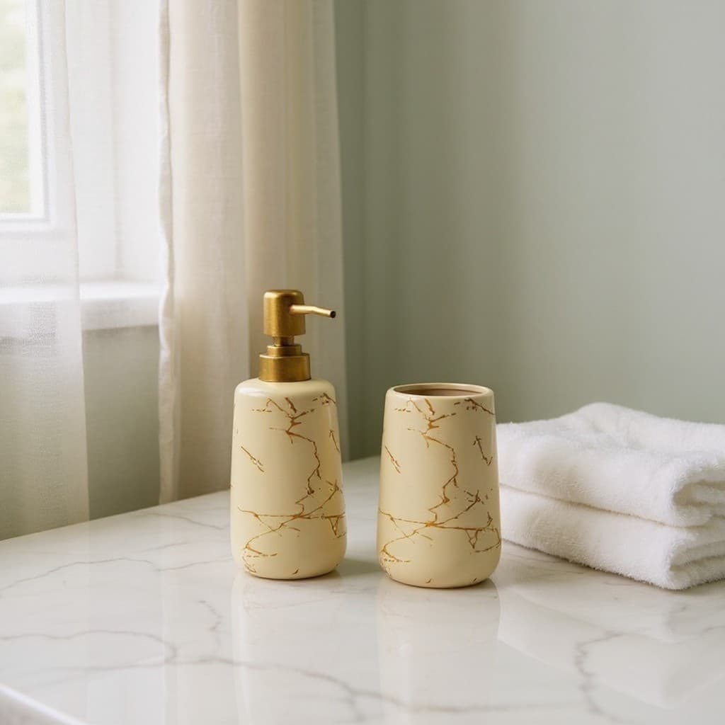 Kit Banheiro Lavabo Porcelana Dispenser 340ml Pote Kamen