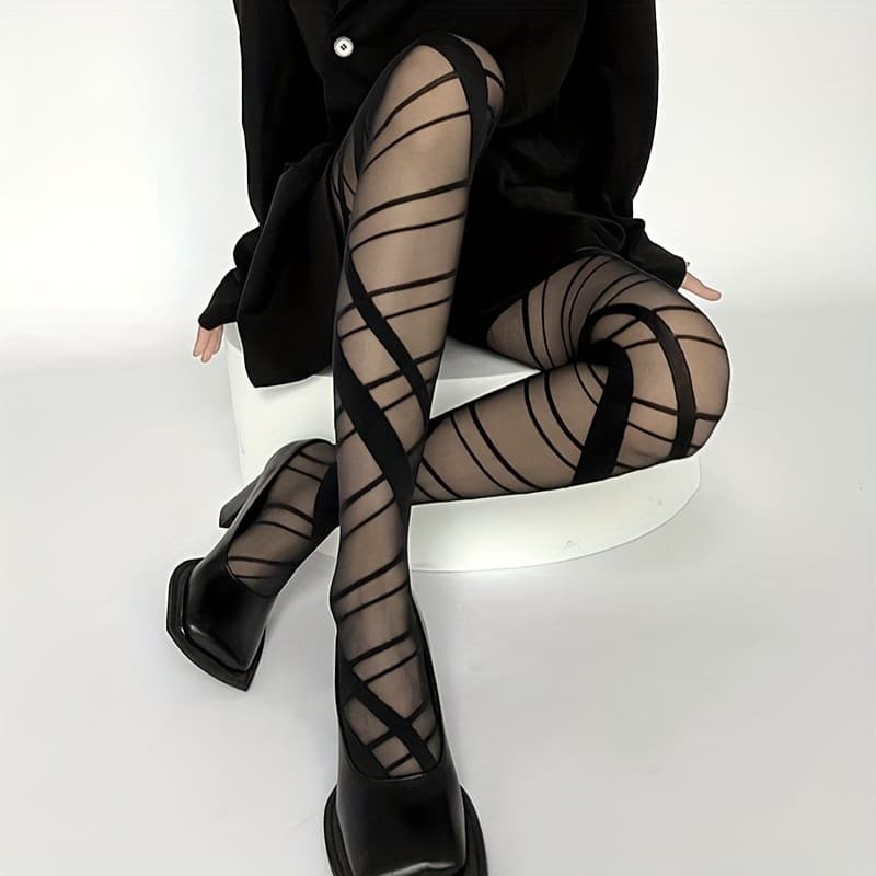 Meia-calça com tiras cruzadas, meia-calça de cintura alta semi-transparente com pé, meias e artigos de malha femininos&&