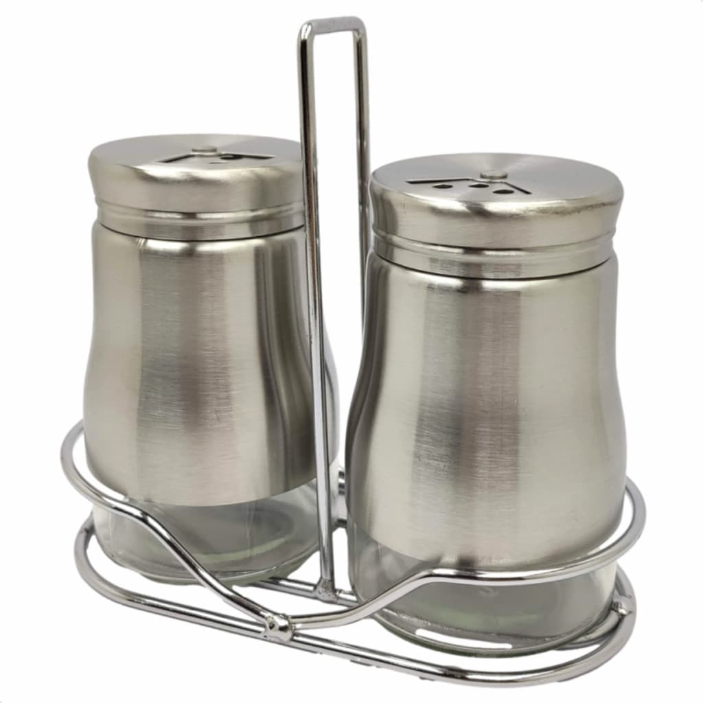 Kit Porta Condimentos Saleiro Paliteiro Conjuto Vidro Com Suporte 2 Peças Aço Inox