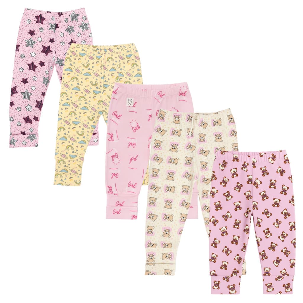 Kit 5 Calça Mijão vira Pé Bebê Infantil Estampado Tecido Toque de Pessego