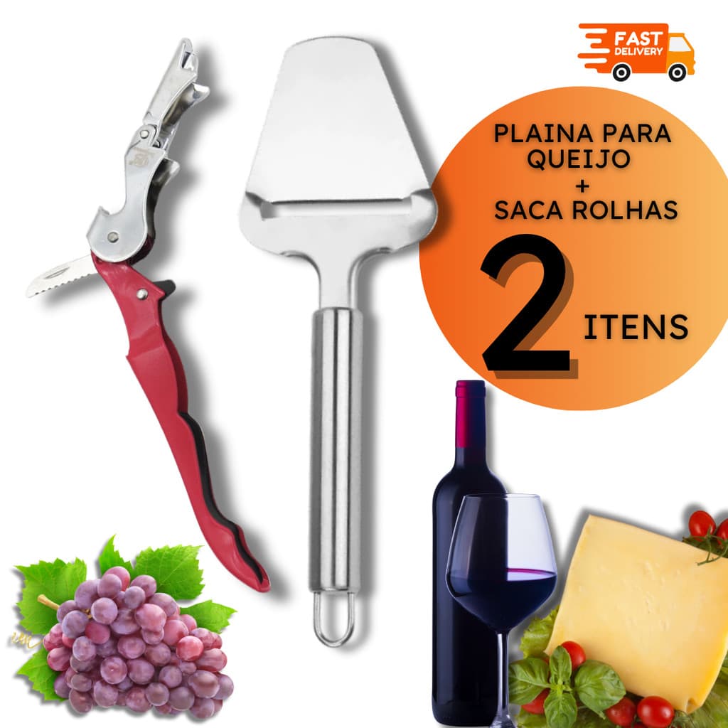 Kit Plaina para Queijo e Saca Rolhas 3 em 1 Aço Inox