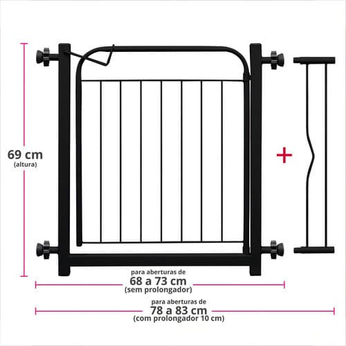 Portão Grade de Segurança Proteção Pet Cães Kids Bebês Crianças P/ Portas Portão Preto 69cm a 83cm