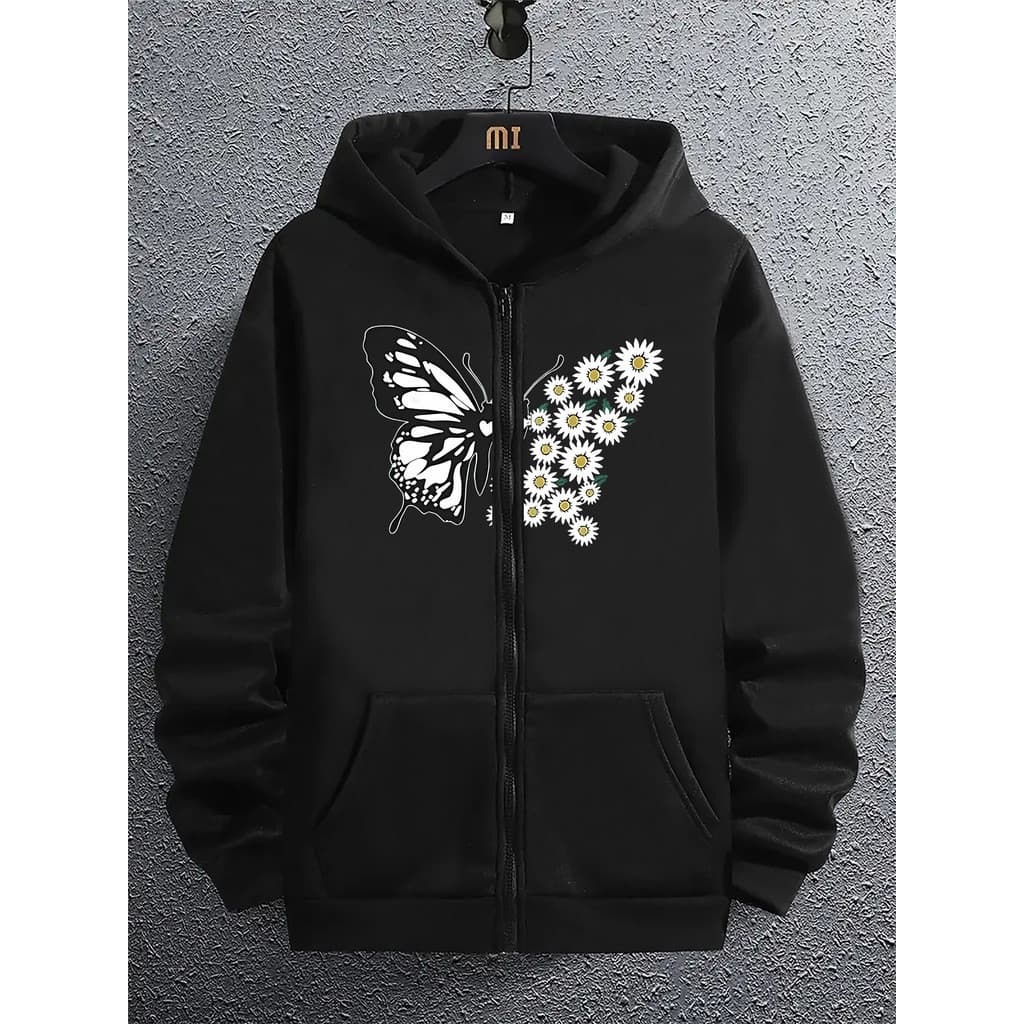 Moletom com capuz com ZIPER estampa de borboleta e floral casual de manga comprida com bolso canguru,
