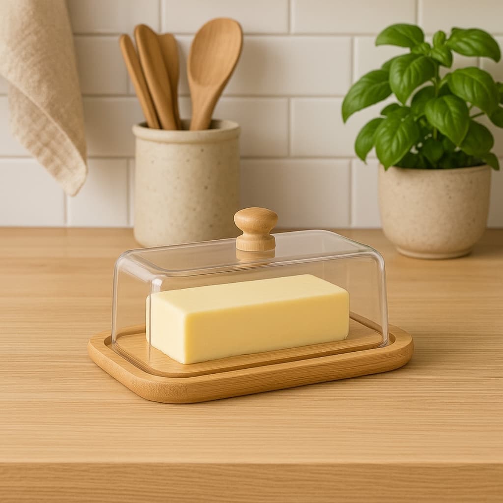 Manteigueira Porta Manteiga de Bambu Com Tampa Acrílica Mesa Posta Gourmet Elegante Café da Manhã