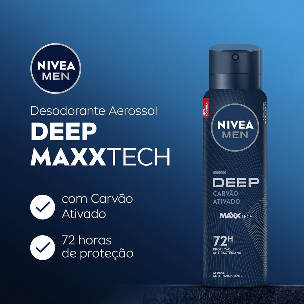 NIVEA MEN Antitranspirante Aerossol Deep Sport MaxxTech Carvão Ativado 200ml