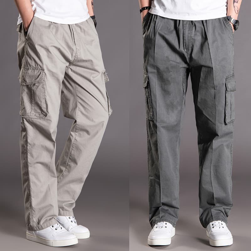 Calças casuais masculinas calças soltas mais gordura Extra grande em linha reta Multi-bolso calças masculinas fino puro