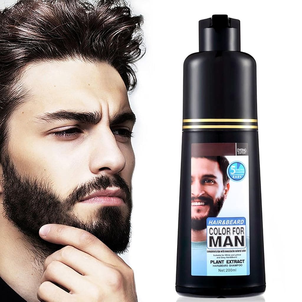 Tintura para Bigode e Barba Masculina para Cobertura de Cabelos Brancos - Cor Preta Natural em 5 Minutos, Shampoo de Fác