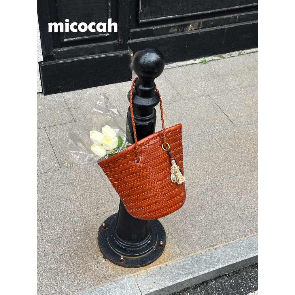 Micocah {francês romântico} couro Retro mão-tecido balde saco feminino vegetal cesta saco axilas